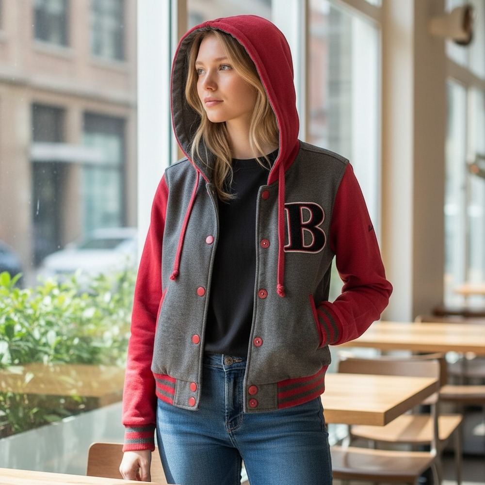 Love Tree Varsity Jacket Womens Small Grey Red Good Hooded Letterman B Patch